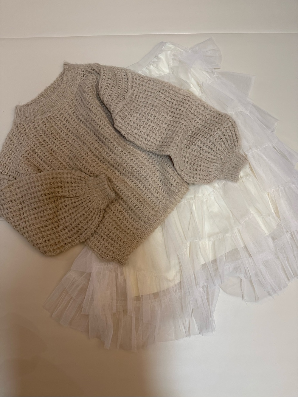 Dreamy Beige Knit & Ivory Tulle Skirt Set